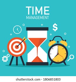 Time management planning concept. Target hourglass and alarm clock. colorful business and finance. Investment goals and profits. vector illustration in flat style modern design. 