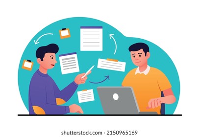 Time management and planning concept. Young male office employees make list of tasks or write reminders and notes. Scheduling for efficiency and productivity. Cartoon flat vector illustration