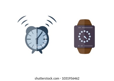Time management planning and control. Clock, timer, speed, alarm, restore, calendar. Vector flat illustrations set.