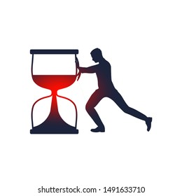 Time management planning and control concept for effiecient succesful and profitable business. Flat composition poster illustration. Businessman pushing hourglass