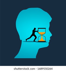 Time management planning and control concept for efficient successful and profitable business. Double exposure portrait of young man and businessman pushing hourglass