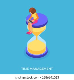 time management planning education from home with girl working on laptop and hourglass deadline time isometric infographics business isolated vector illustration