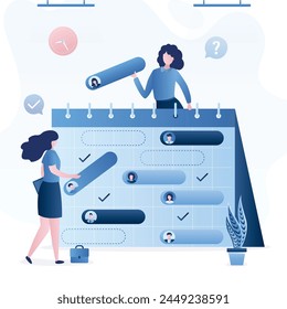 Time management, planning events. Business women plan work schedule for month. Managers make the timetable. Business persons and time optimization, planning schedule. Teamwork. Vector illustration