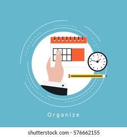Time management and planning events flat vector illustration design. Business concept for date planning, organizing events and events management. Icon design for web banners and apps