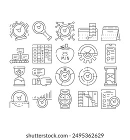 Time Management And Planning Icons Set Vector. Timeline And Check List For Time Management And Plan, Stop Watch And Calendar Accessory . Project Deadline And Managing Tasks Black Contour Illustrations