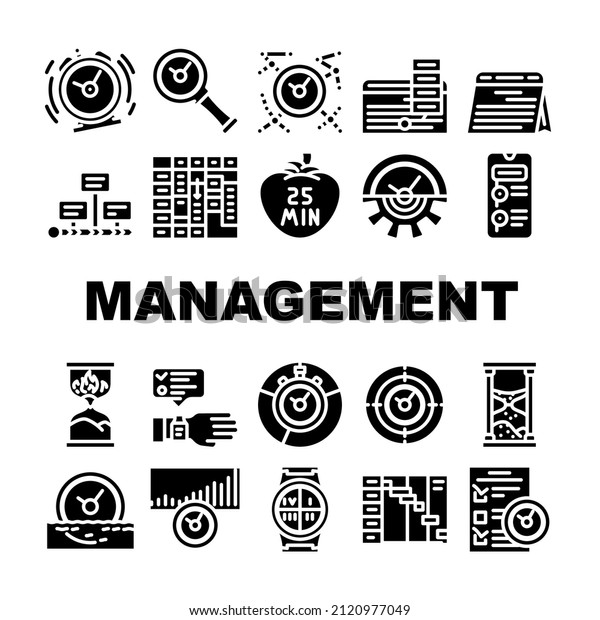 Time Management And Planning Icons Set\
Vector. Timeline And Check List For Time Management And Plan, Stop\
Watch Calendar Accessory. Project Deadline Managing Tasks Glyph\
Pictograms Black\
Illustrations