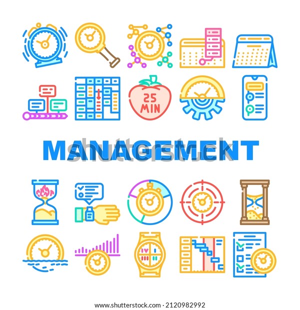 Time Management And Planning Icons Set\
Vector. Timeline And Check List For Time Management And Plan, Stop\
Watch And Calendar Accessory Line. Project Deadline And Managing\
Tasks Color Illustrations