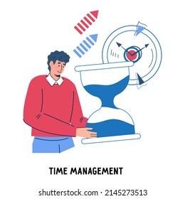 Time management and planning to improve productivity. Businessman effectively organizes work process and plans his work schedule, flat vector flat illustration isolated on white background.