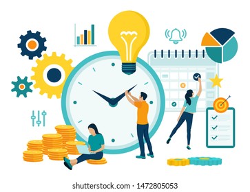 Time management planning, organization and control concept for effiecient succesful and profitable business. Concept of work time management. Business team. Vector illustration with characters.