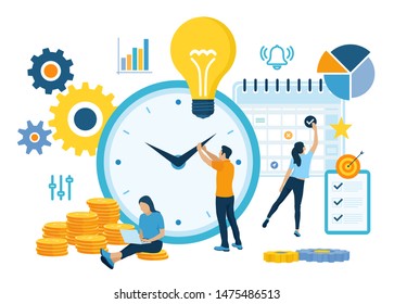 Time management planning, organization and control concept for effiecient succesful and profitable business. Concept of work time management. Business team. Vector illustration with characters.