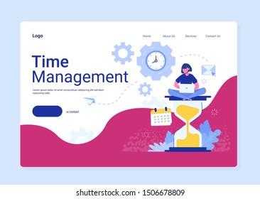 Time management planning, organization and control concept for effiecient succesful and profitable business. Concept of work time management. Vector illustration with girl with laptop