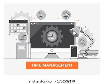 Administración, planificación y organización del tiempo de trabajo.Diseño plano de vector de línea simple