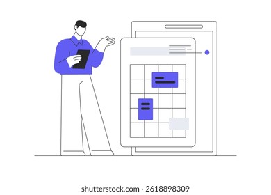 Time management planning, organization, working time. Efficiency. Schedule job project team. Good business process. Time control plan technology. Flat Cartoon Vector Illustration, icon. Stylish web