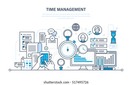 Time management, planning and organization of working time, work process control and routine management, communications. Illustration thin line design of vector doodles, infographics elements.