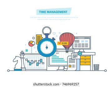 Time management, planning and organization of working time, work process control and routine management, communications. Charts analysis and optimization goals. Illustration thin line design.