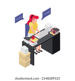 Time management planning paperwork isometric icon with office worker at her desk 3d vector illustration