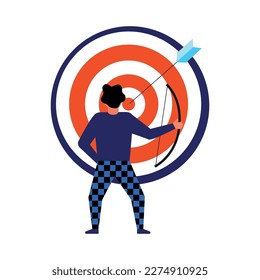 Time management planning schedule competed task flat conceptual icon with man hitting target vector illustration