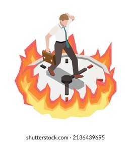 Time management planning schedule deadline isometric composition with character of worker in rush with burning clock vector illustration
