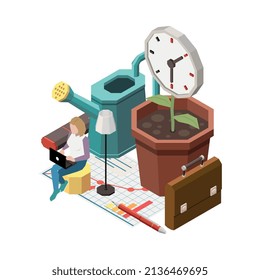 Plazo de planificación de la gestión del tiempo Composición isométrica con carácter de trabajadora femenina e ilustración de vectores de relojes