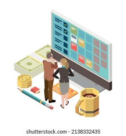 Time management planning schedule deadline isometric composition with characters of workers and calendar with tasks vector illustration