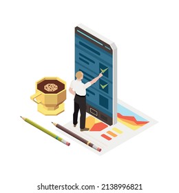 Time management planning schedule deadline isometric composition with character of worker smartphone and to do list app vector illustration