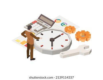 Time management planning schedule deadline isometric composition with character of worker with gears wrench and clock vector illustration