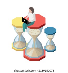 Time management planning schedule deadline isometric composition with character of worker sitting on hour glass vector illustration