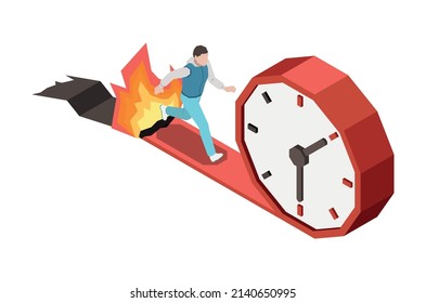 Time management planning schedule deadline isometric composition with character of running worker with fire and clock vector illustration