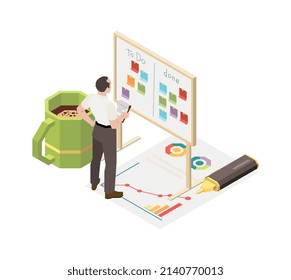 Plazo de planificación de la gestión del tiempo composición isométrica con carácter de trabajador con placa de tareas ilustración vectorial