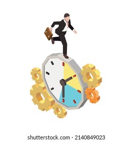 Time management planning schedule deadline isometric composition with character of worker running on gear clock vector illustration