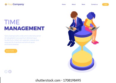 time management planning schedule from home with business man and woman work on laptop and sit on hourglass. landing page. deadline time. isometric infographics business isolated vector illustration