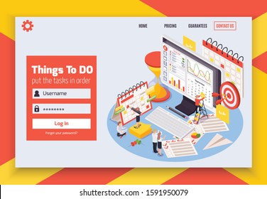 Time management planning schedule isometric composition with things to do put the task in order headline vector illustration