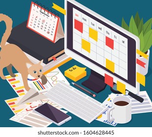 Time management planning schedule isometric colored composition with chaos on the desk cat and open calendar app on monitor vector illustration