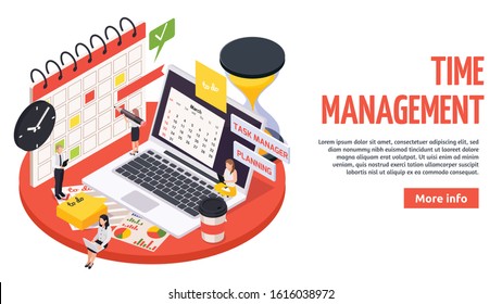 Time management planning schedule isometric banner with big headline and more info button vector illustration