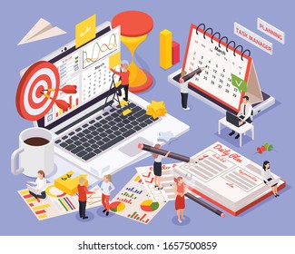 Time management planning schedule isometric concept with daily plan planning task manager and planning descriptions vector illustration