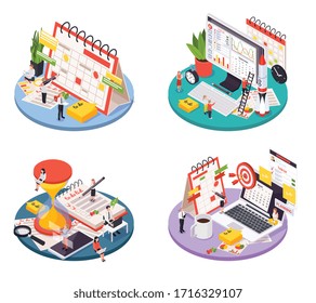 Programación de planificación de administración de tiempo conjunto de iconos isométricos con para hacer listas planificadores y otras descripciones ilustraciones vectoriales