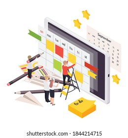 Time management planning schedule isometric composition with tablet screens and people with calendar sticky notes vector illustration