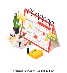 Time management planning schedule isometric composition with human characters with pencils sticky notes and calendar vector illustration