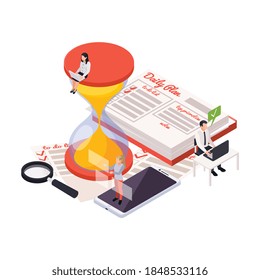 Time management planning schedule isometric composition with characters of task managers with hand lens sand glass icons vector illustration