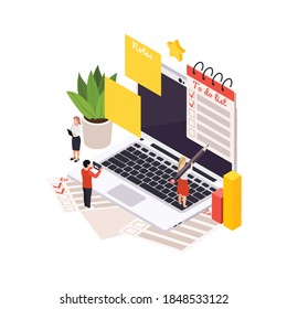 Time management planning schedule isometric composition with icons of sticky notes and to do list with laptop vector illustration
