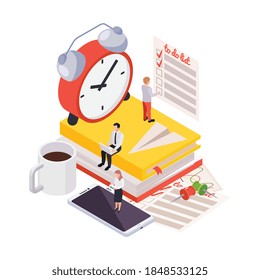Time management planning schedule isometric composition with alarm clock image standing on stack of notebooks with people vector illustration