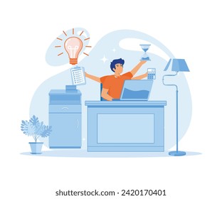 Time Management Planning and Scheduling Concept. Men in Workplace with Multitasking Work. flat vector modern illustration 