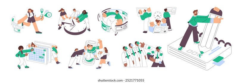 Time management and planning set. Concept of deadline. People work with schedule, timetable. Employees organize business tasks in calendar. Flat isolated vector illustrations on white background