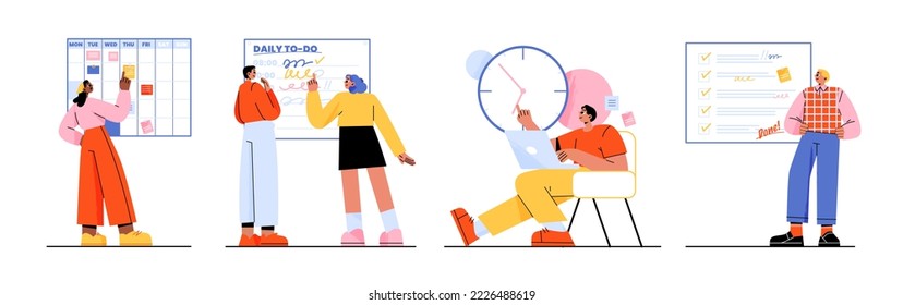 Time management, planning, tasks schedule business concept with people making notes and plan affairs in calendar or todo list. Efficient and effective multitasking work Linear flat vector illustration