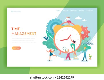 Time Management, Planning, Teamwork Landing Page Template. Business Strategy Concept with Characters Team Working Website or Web Page. Easy to Edit. Vector illustration