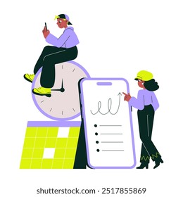 Time management and planning with two professionals using devices. One sits on a clock, the other points to a phone screen, symbolizing productivity and teamwork in flat vector style.