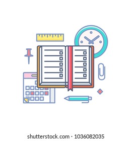 Time management, planning vector illustration filled outline style