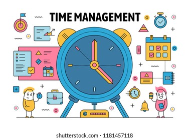 Time management poster banner template. Vector thin line art flat style design with office workers funny cartoon characters, business symbols, icons for website banners and printed materials.