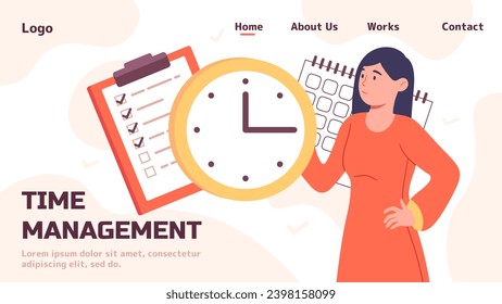 Time management poster. Woman with to do list and clocks. Organization of an effective work process, leadership and motivation. Landning page design. Cartoon flat vector illustration