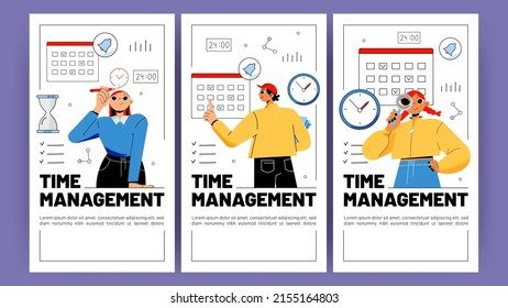 Time management posters with workers, clock and calendar. Vector vertical banners of job organization, time control with flat illustration of businessman with planner and watch